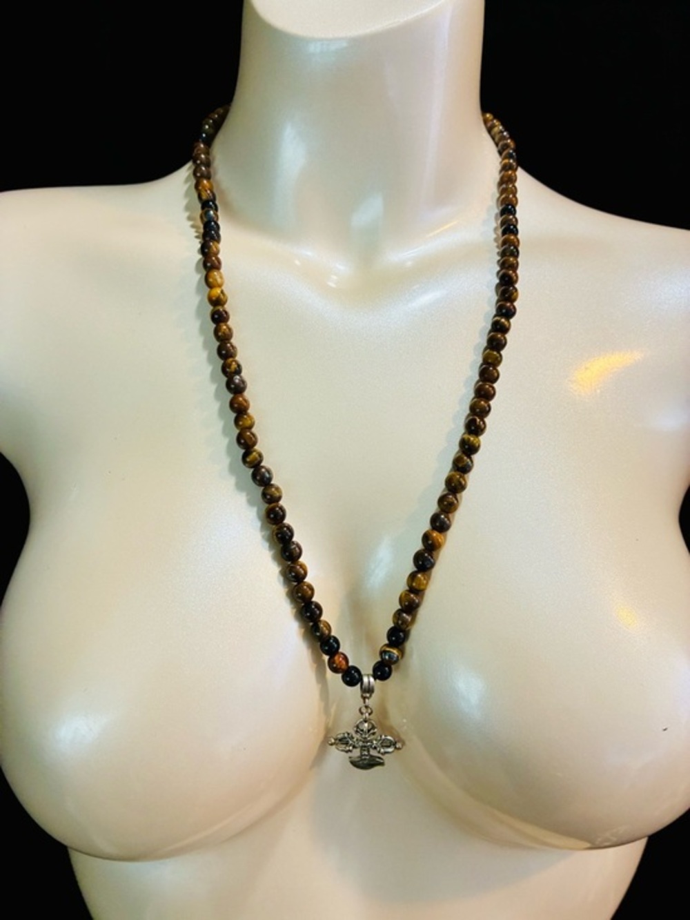 Tiger Eye Bead Necklace with Silver-Tone Cross Pendant with Crowns Brown & Black